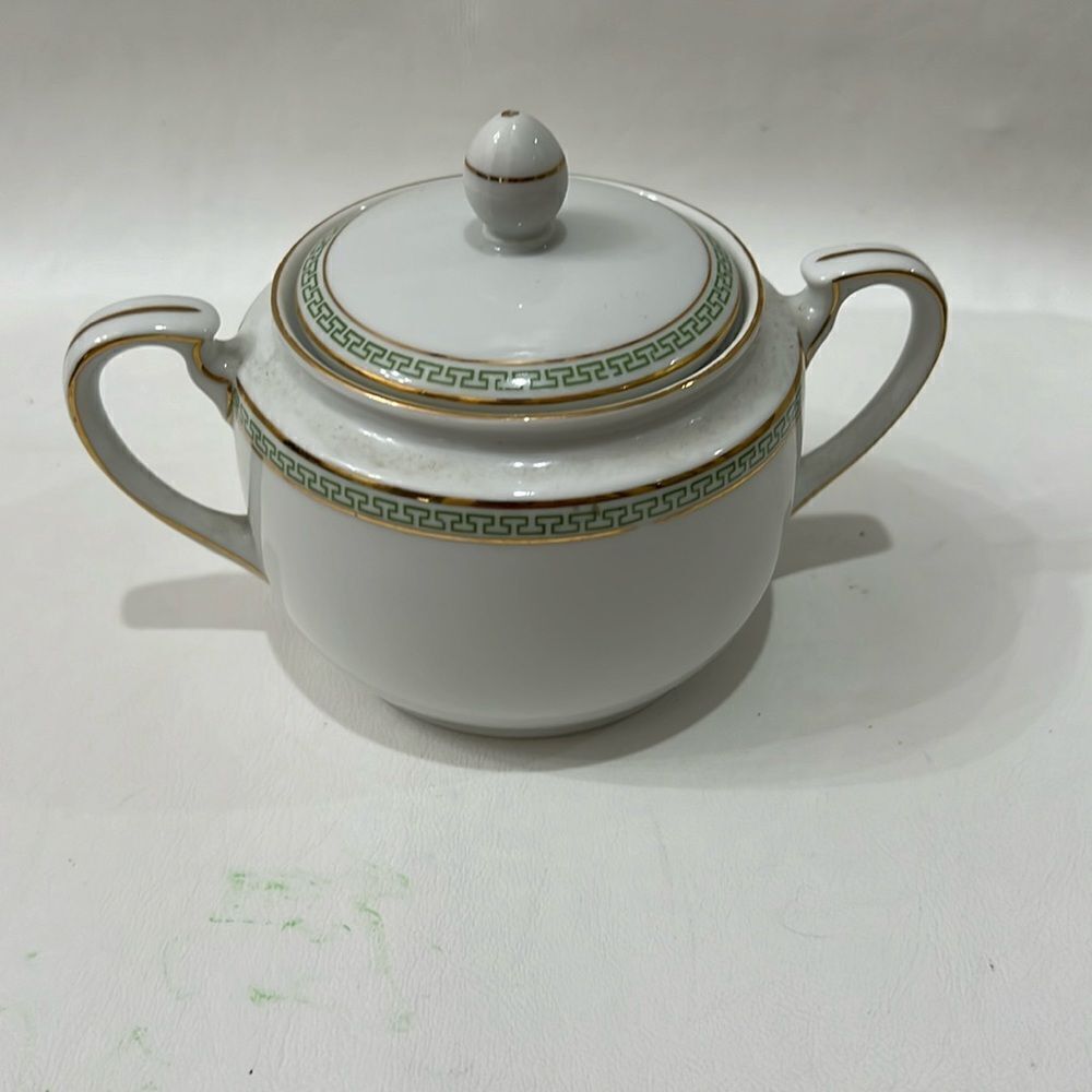 Heinrich H & Co Bavaria Sugar Bowl & Lid White Green Gold Trim 6 In X 4 3/4 In